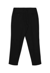 Schwarze Hosen aus einem glatten Stoff, mit Slim-Fit-Schnitt, zwei Gesäßtaschen mit Knopfverschluss und einem sauberen Abschluss an den Säumen.