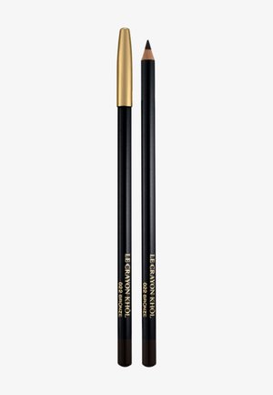 Twee zwarte eyeliners met gouden accenten. Eén potlood is scherp geslepen met een puntige tip, de andere heeft een ronde dop. Beide bevatten branding.