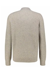 Hellgrauer Strickpullover mit strukturiertem Muster, rundem Ausschnitt und gerippten Bündchen und Saum. Keine sichtbaren Marken oder Verschlüsse.