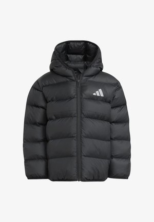Zwarte gewatteerde jas met capuchon, voorzien van een ritssluiting aan de voorkant, geribbelde textuur en een klein wit logo op het linkerborstgebied.