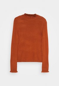 Pull orange en tricot avec un motif texturé, col rond côtelé, manches longues et poignets à volants.