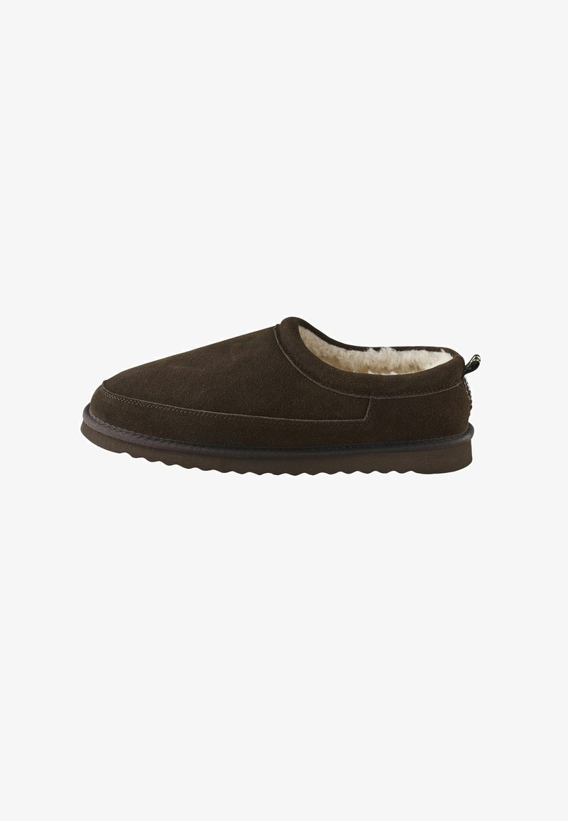 Brown suede slipper with a soft fur lining, low profile design, round toe, and a textured rubber sole. Includes a back loop for easy wear.