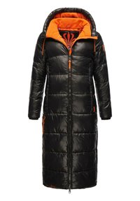 Sort puffersjakke med lang design og en hætte i orange fleece og detaljer, frontlynlås og sidelommer.