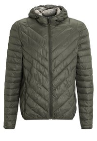 Giacca a vento verde oliva con pattern a zigzag, chiusura con zip e cappuccio. Realizzata in materiale liscio e leggero; presenta un logo sobrio sul petto.