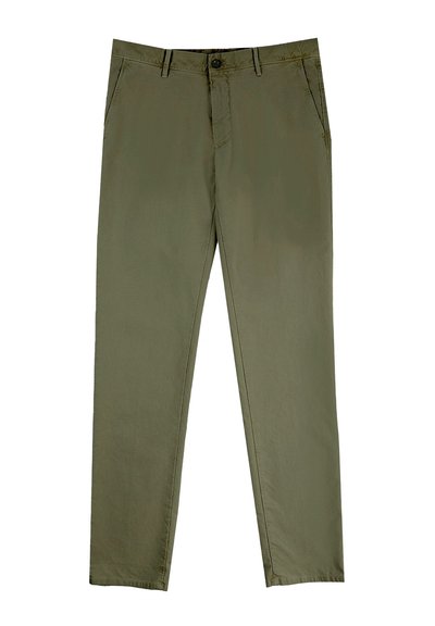 Chinos w kolorze oliwkowym z mieszanki bawełny o prostym kroju nogawki, z przednimi kieszeniami oraz zamkiem błyskawicznym i zapięciem na guzik. Gładka faktura.