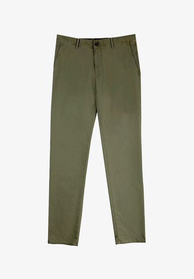 Chinos w kolorze oliwkowym z mieszanki bawełny o prostym kroju nogawki, z przednimi kieszeniami oraz zamkiem błyskawicznym i zapięciem na guzik. Gładka faktura.