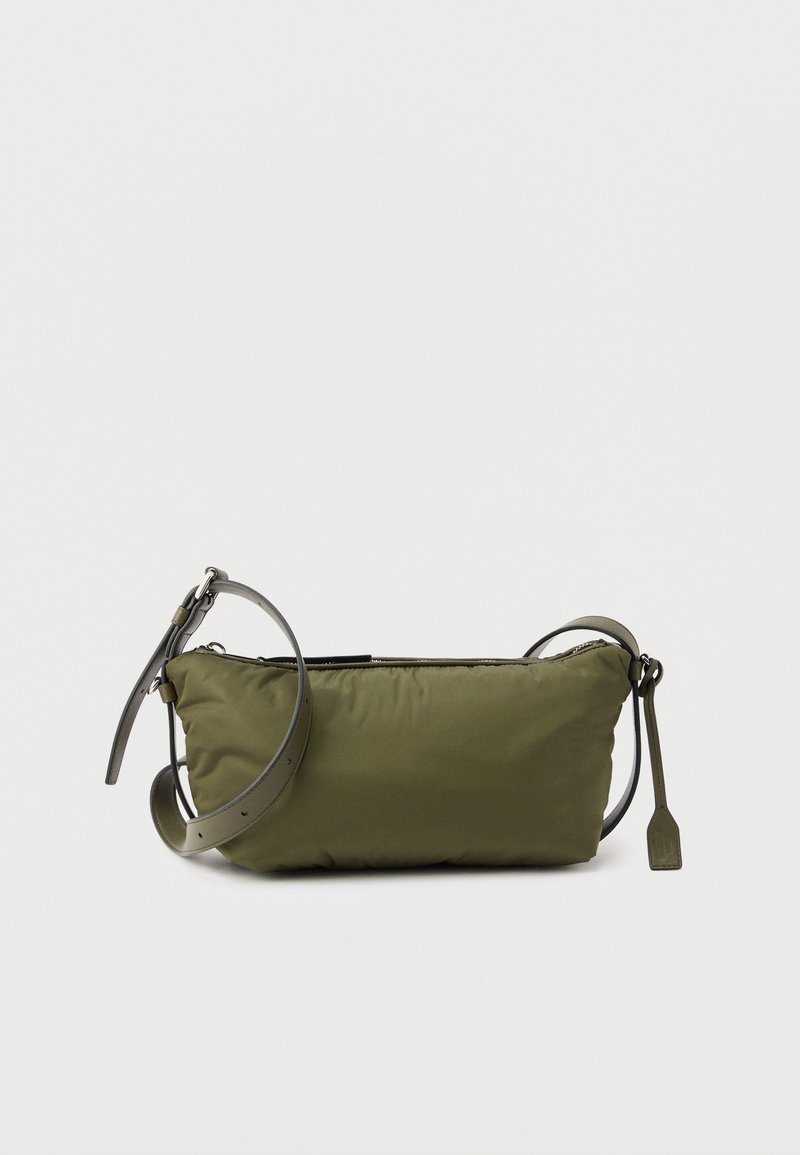 Olive green rectangular crossbody bag with adjustable strap, zipper closure, and leather pull tab on a plain background.