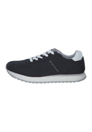 Black athletic shoe with a smooth synthetic upper, white laces, and a white rubber sole featuring a wave-like pattern. Logo on the side.