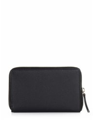 Black leather wallet with a textured finish, zip closure, and a small zipper pull on the side. Rectangular shape, minimal design.