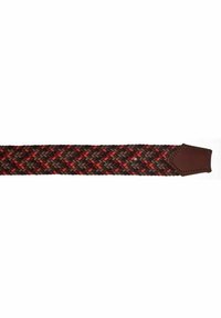 Ceinture tressée avec des fils rouges, bruns et noirs, dotée d'une pointe en cuir marron avec des bords cousus.