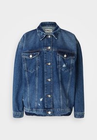 Blå denimjacka med en klassisk design, som har två bröstfickor, silverknappar, slitna detaljer och en något oversized passform.