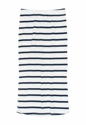 Falda de rayas en blanco y azul marino, confeccionada en tela de canalé. Presenta una forma ajustada con cintura elástica y aberturas laterales para mayor comodidad.