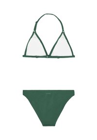 Set di bikini verde con un top a triangolo con spalline regolabili e uno slip testurizzato. Entrambi i pezzi sono prevalentemente di colore verde.