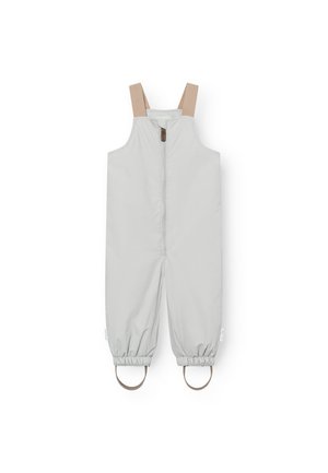 Salopette pour enfants en tissu gris clair avec des bretelles beiges réglables, une fermeture éclair à l'avant, des poignets élastiques et des accents en caoutchouc circulaires au niveau des chevilles.