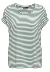 T-shirt rayé vert clair avec manches courtes roulées, col rond, fabriqué en tissu doux, comportant des rayures blanches et vert clair alternées.