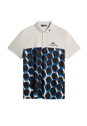 Polo encoléré avec un col et un haut gris clair, présentant un motif hexagonal en noir et bleu sur la moitié inférieure. Logo de la marque sur la poitrine.