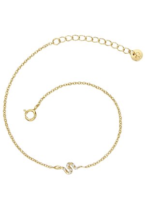 Goldene Kettenarmband mit wellenförmigem Design und Kristallakzent, ausgestattet mit einem Karabinerverschluss und verstellbaren Gliedern zur Größenanpassung.