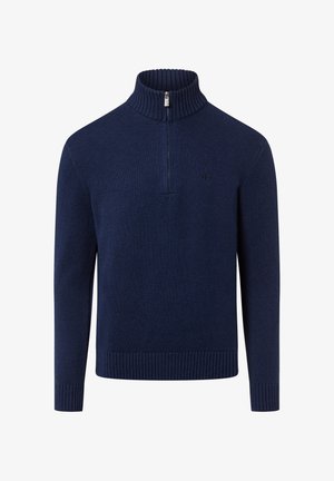 Marineblauer Strickpullover mit hohem, geripptem Kragen, Viertel-Reißverschluss sowie gerippten Bündchen und Saum. Verfügt über ein dezentes Logo auf der Brust.