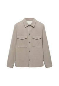 Beige button-up jacket with a collar, two chest pockets, long sleeves, and contrasting buttons. Fabric appears smooth and durable.