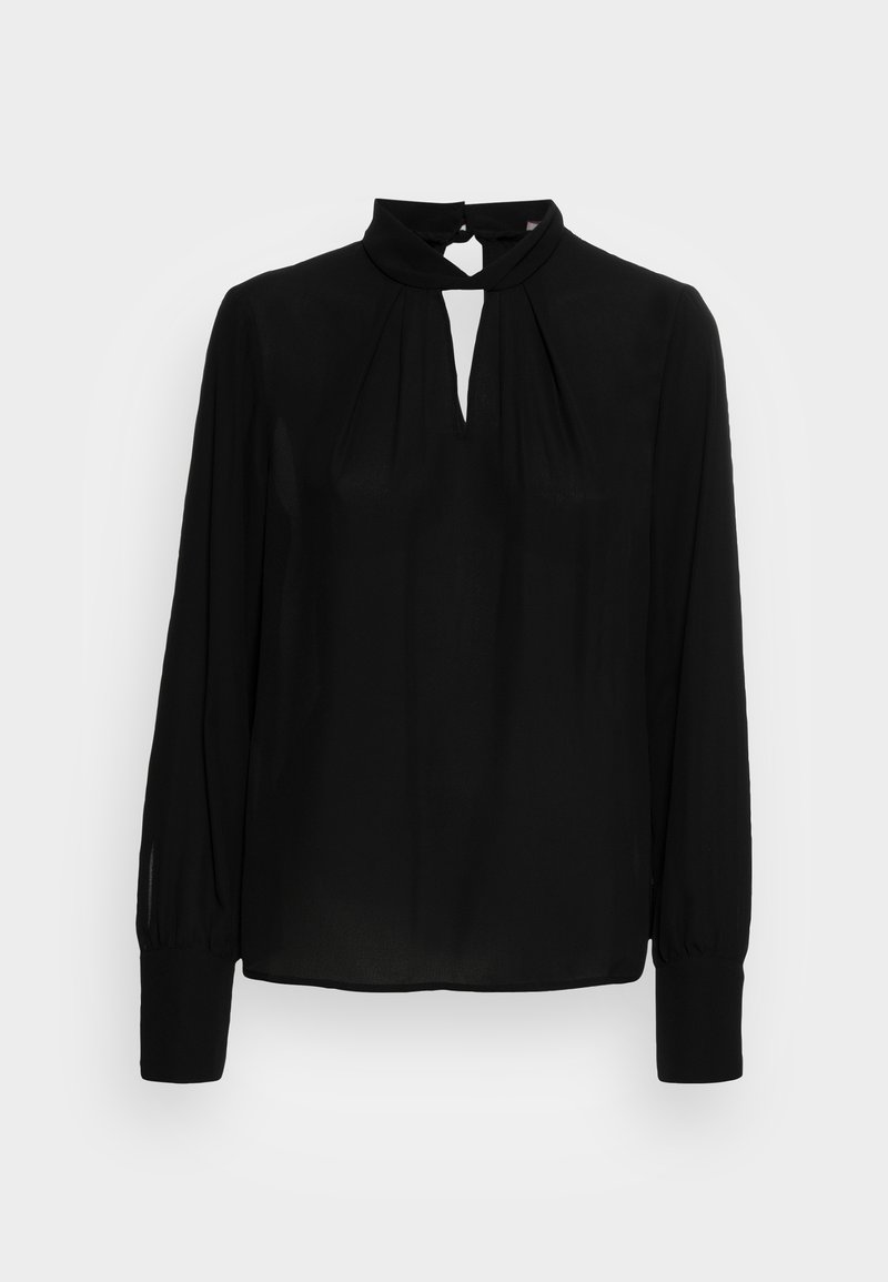 Black long-sleeve blouse in a lightweight fabric, featuring a keyhole neckline and pleated detailing with fitted cuffs.