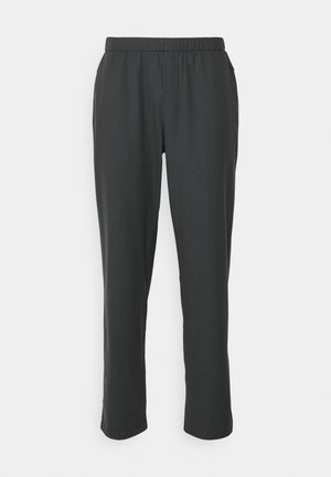 Black, lightweight jogger pants with an elastic waistband, side pockets, and straight leg design. Smooth texture, no patterns.