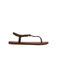 Sandale en tongs brune avec une semelle texturée, dotée d'une sangle brillante et pailletée ainsi qu'un design minimaliste pour un enfilage facile.