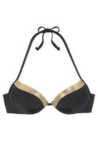 Juodas bikini viršus su auksinėmis detalėmis. Turintis trikampio formą, reguliuojamus raiščius ir raukšlėtą apdailą, suteikiančią tekstūrinį išvaizdą.
