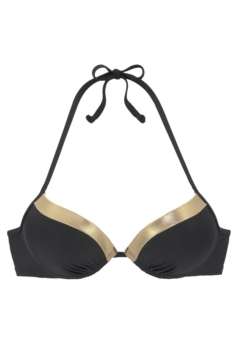 Juodas bikini viršus su auksinėmis detalėmis. Turintis trikampio formą, reguliuojamus raiščius ir raukšlėtą apdailą, suteikiančią tekstūrinį išvaizdą.