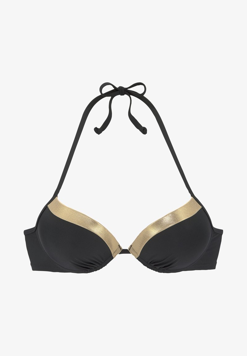 Zwarte bikinitop met gouden accenten. Heeft een driehoekige vorm, verstelbare banden en geplooide details voor een textuurverschijning.