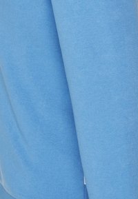 Ljusblå sweatshirt med en jämn yta och avslappnad passform, med synliga sömdetaljer och en etikett vid nederkanten.