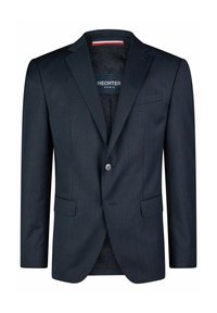 Dunkelblaues Blazer mit strukturiertem Muster, Ein-Knopf-Verschluss, Reverskragen und zwei Vorderaschen, ausgestattet mit einem markierten Innenfutter.