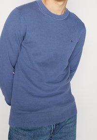 Blå stickad tröja med rund halsringning, ribbade manschetter och nederkant. Har en liten logotyp på bröstet. Bärs över denimjeans.