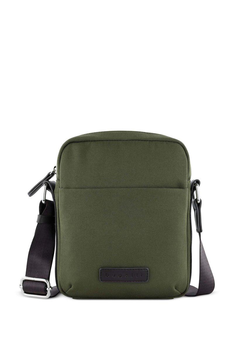 Borsa a tracolla in tessuto verde oliva con una forma rettangolare elegante, cintura regolabile, tasca frontale e patch in pelle con logo.