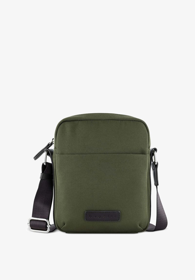 Borsa a tracolla in tessuto verde oliva con una forma rettangolare elegante, cintura regolabile, tasca frontale e patch in pelle con logo.