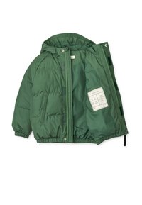 Veste rembourrée verte avec capuche, dotée d'une fermeture éclair sur le devant, de poignets élastiques et d'une étiquette à l'intérieur. Fabriquée en matériau lisse et léger.
