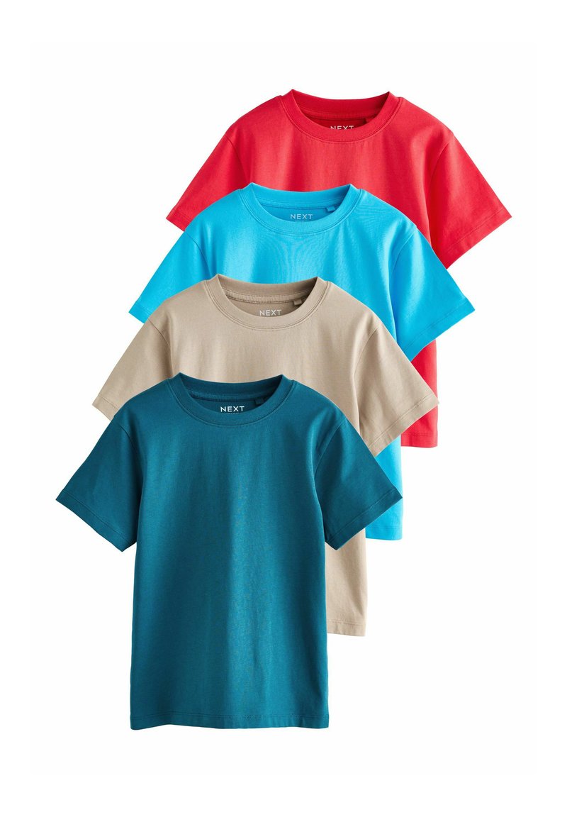 Štyri krátke rukávy tričká naskladané na sebe. Farby: červená, svetlomodrá, béžová a tyrkysová. Vyrobené z bavlny, okrúhly výstrih, základný dizajn, hladká textúra.