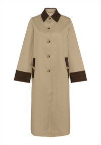 Bež baloner s ovratnikom i manšetama od smeđeg korduroga, sa šest dugmadi i dva bočna džepa s detaljima od istog materijala.