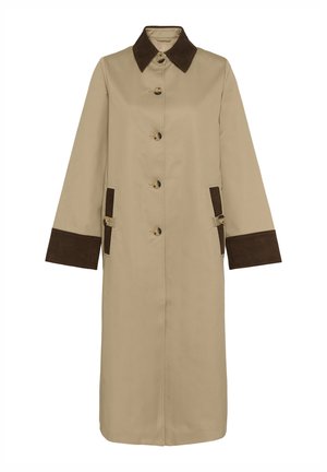 Beežist ülikonnavärvi vihmamantel pruuni sametkrae ja mansettidega, millel on kuus nuppu ning kaks küljetaskut sobiva kangaga detailidega.