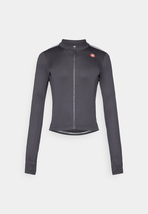 Maglia da ciclismo a maniche lunghe grigio scuro con zip frontale full, colletto alto e piccolo logo rosso sul petto a sinistra.