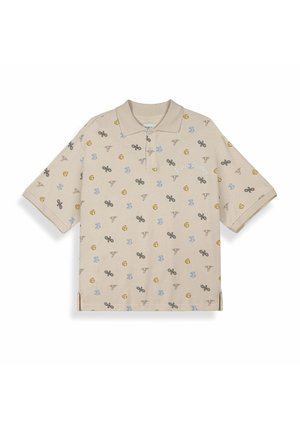 Polo a maniche corte beige con piccoli motivi a emblema multicolore e "Palm Angels" ricamato sul petto.