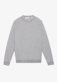 Grey sweatshirt made from soft cotton blend with raglan sleeves, crew neckline, ribbed hem, and cuffs. Features a textured surface.