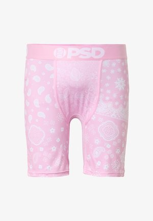 Calzoncillos bóxer rosas con patrones blancos de paisley y flores, y una cintura con la etiqueta "PSD" en letras blancas grandes.