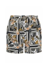 Korte broek met bloemenpatroon in zwart, wit en goud. Voorzien van een trekkoordtaille, met tropische bladeren en dierlijke accenten overal.