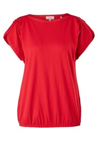 Haut rouge à manches courtes avec un col rond, des accents froncés aux épaules et un tissu doux et léger. Ourlet inférieur élastiqué.