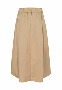 Jupe A-line beige en tissu léger. Dotée d'une taille élastique, d'une coupe au genou et d'un design minimaliste sans motifs.
