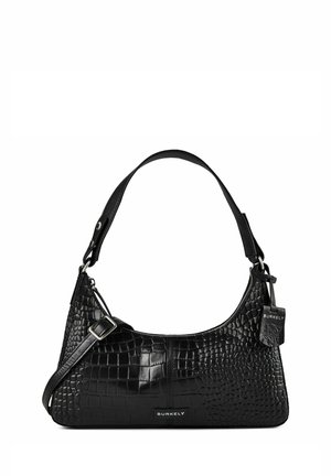 Sac à main noir Burkely avec texture crocodile, bretelles courtes et réglables, et une petite étiquette attachée près du zip.