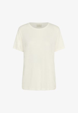 Korte mouwen, ronde hals t-shirt in off-white stof; gladde textuur met een relaxte pasvorm en gestikt zoom, met een subtiele merketiket aan de binnenkant.
