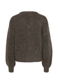 Pulover tricotat maro cu o finisare texturată, având un decolteu rotunjit și mâneci lungi, puffate. Design simplu, fără embellishments vizibile.