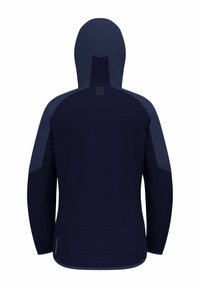 Marineblauwe fleece jasje met capuchon, met een textuur materiaal, contrasterende schouderaccenten en een gestructureerd, fitted ontwerp.
