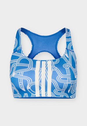 Modrý sportovní podprsenka s bílými abstraktními liniovými vzory a třemi vertikálními bílými proužky na přední straně, s designem racerback.